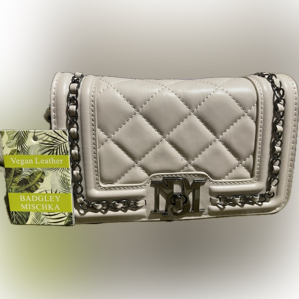 BADGLEY MISCHKA Small Crossbody With Frame and Chain On Cover Off White NWT
